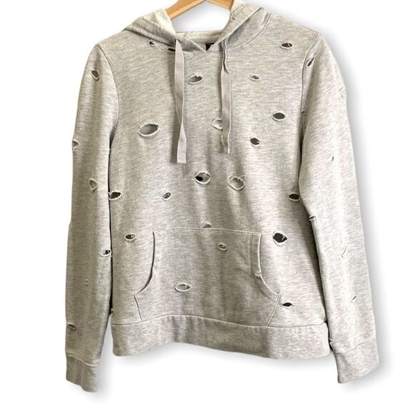 YOGALICIOUS Cotton Blend Heather Grey Distressed Cutout Hoodie Sz M - Picture 3 of 8